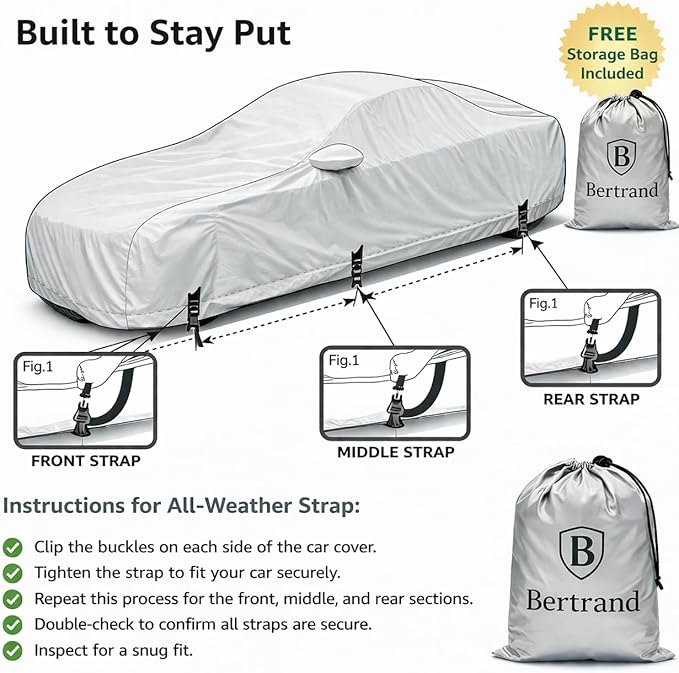 BERTRAND Premium Extra-Large Sedan Car Cover – (213x79 - Size - A4) - Waterproof All Weather | Mirror Pockets + Door Zipper | Cotton-Lined | UV Protection + Reduces Hail Impact | Heavy-Duty