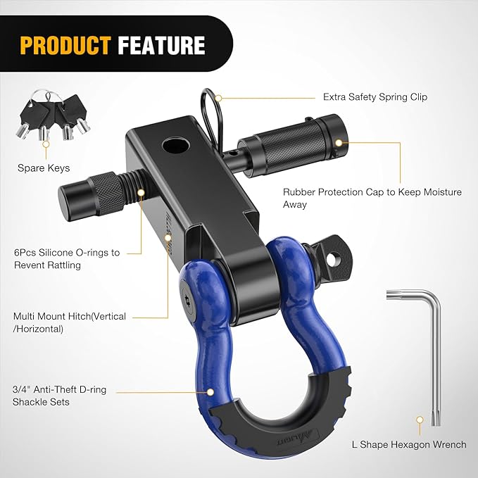 Nilight Anti-Theft Shackle Hitch Receiver 2Inch 45000 LBs Breaking Strength 3/4" Anti-Theft D Ring Shackle 5/8" Trailer Hitch Lock Pin Heavy Duty Solid Towing Kit for Trucks Off Road (Blue&Black)