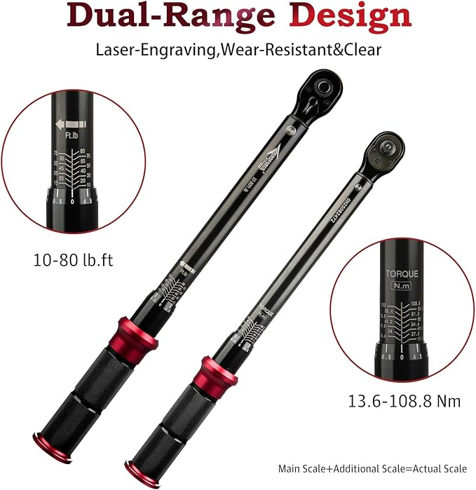AEROFORCE 3/8-Inch Drive Torque Wrench（10-80 lb.ft / 13.6-108.8 Nm),72 Tooth Dual Direction Reversible Ratchet, Dual Range Scales, Precision Calibrated for Bike, Motorcycle and Car Repair