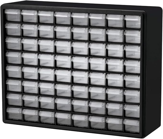 Akro-Mils 64-Drawer Plastic Drawer Storage Cabinet for Garage Organization, Bead Organizer, Building Bricks Storage, Teacher Toolbox, Makeup Organizer, 20" W x 6" D x 16" H, 10164 Black