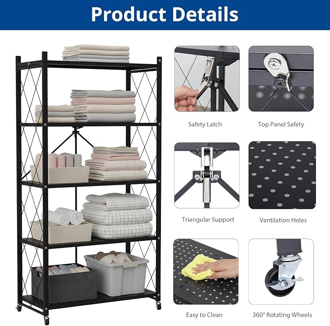5 Tier Foldable Storage Shelf with Wheels, Heavy-Duty Metal Shelving Unit, No Assembly Book Shelf Rolling Storage Rack for Garage, Kitchen, Pantry, Closet, Exhibition, Office Decor, Black