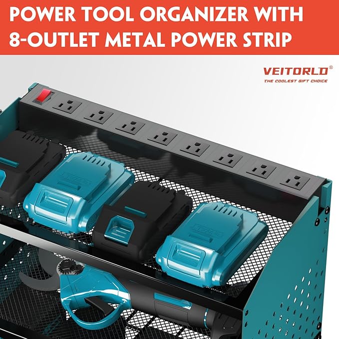Veitorld Power Tool Organizer with Charging Station, Heavy Duty Modular Wall Mount Rack for Garage & Shed Organization, 4 Drill Holders, Anniversary Birthday Gifts for Him Men Dad Man