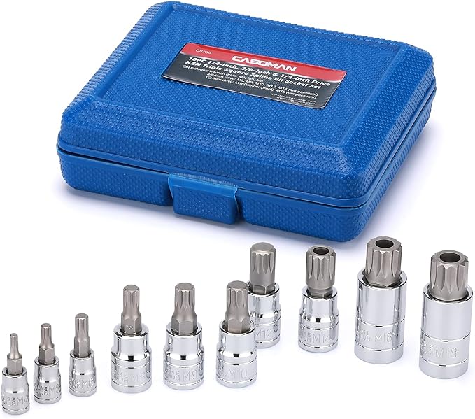 CASOMAN 10PCS 1/4-Inch, 3/8-Inch & 1/2-Inch Drive XZN Triple Square Spline Bit Socket Set, M4-M18, 12 Point Tamper Proof, Cr-V Sockets and S2 Steel Bits