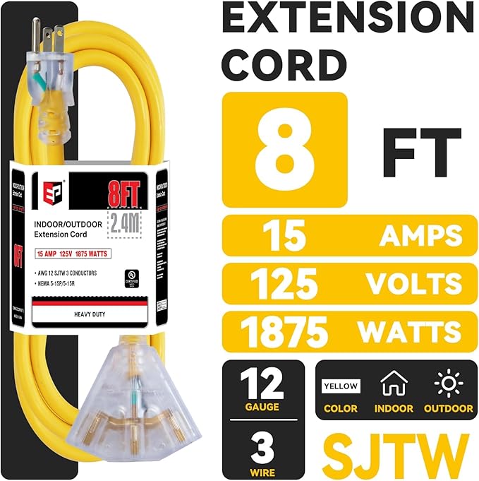 EP 8 Ft 12 Gauge Heavy Duty Extension Cord, 15A 125V 1875W, 3 Outlet Indoor/Outdoor Power Cord with Lighted End, 12/3 SJTW Weatherproof Yellow