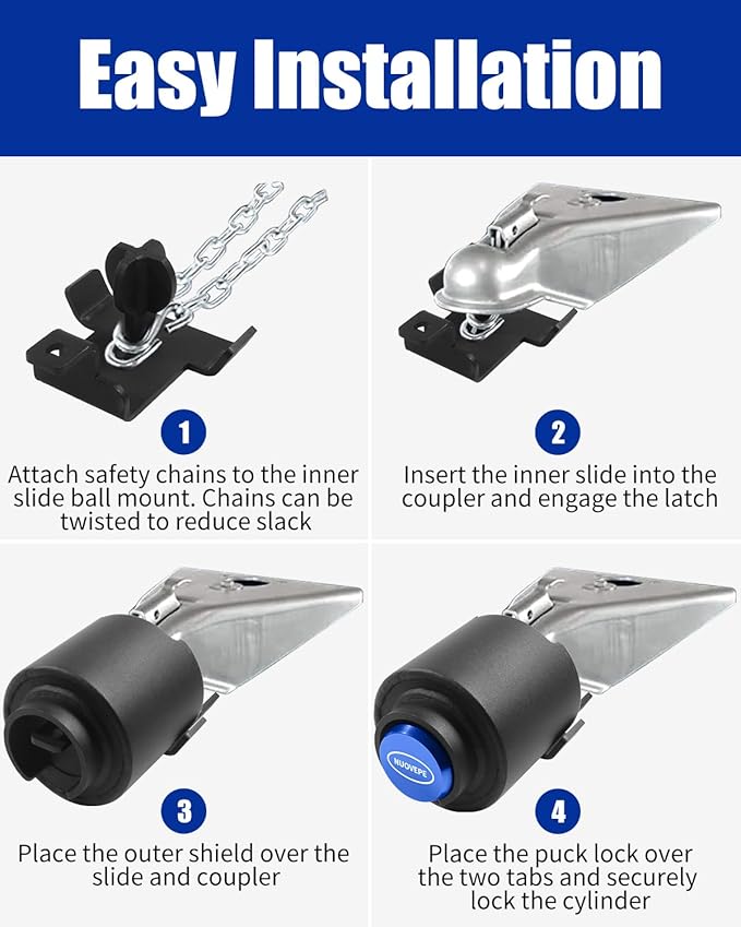 Trailer Lock Fits 2 Inch Couplers, Secures Safety Chains Anti-Theft Ball Hitch Lock, Pry-Resistant & Heavy-Duty Trailer Hitch Locks for RV | Boat | ATV | Utility Trailer (Blue)