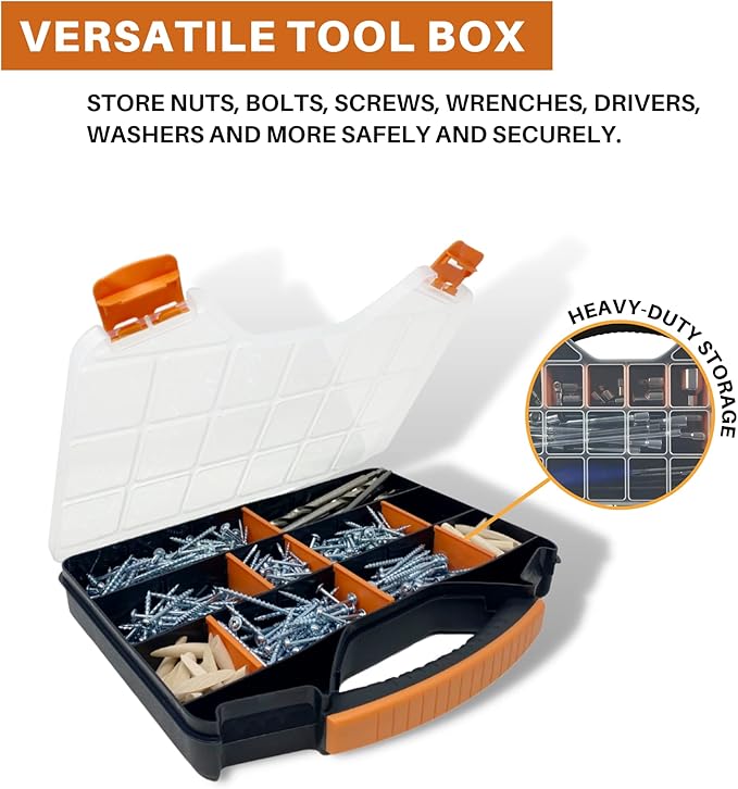 Massca Hardware Organizer box with dividers - 18 Compartments Small Parts Organizer with Accessible Hinged Lid - Durable Plastic Screw Organizer Store Nuts, Bolts, Screws, Nails, & Small Hardware