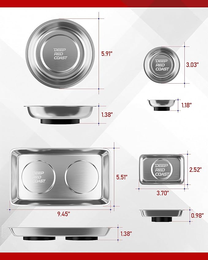 Magnetic Tray 4-Pack, Stainless Steel Magnetic Parts Tray Set, 3 Inch and 6 Inch Round Trays, Square Tray and Shallow Tray, Magnetic Tool Tray for Nuts Bolts Screws, Silver