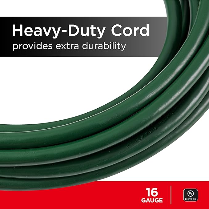 UltraPro Outdoor Extension Cord, 15 Ft, Heavy Duty 3 Prong Extension Cord, 16 AWG 125 VAC Outdoor Long Power Strip, ETL Listed, Green, 68306