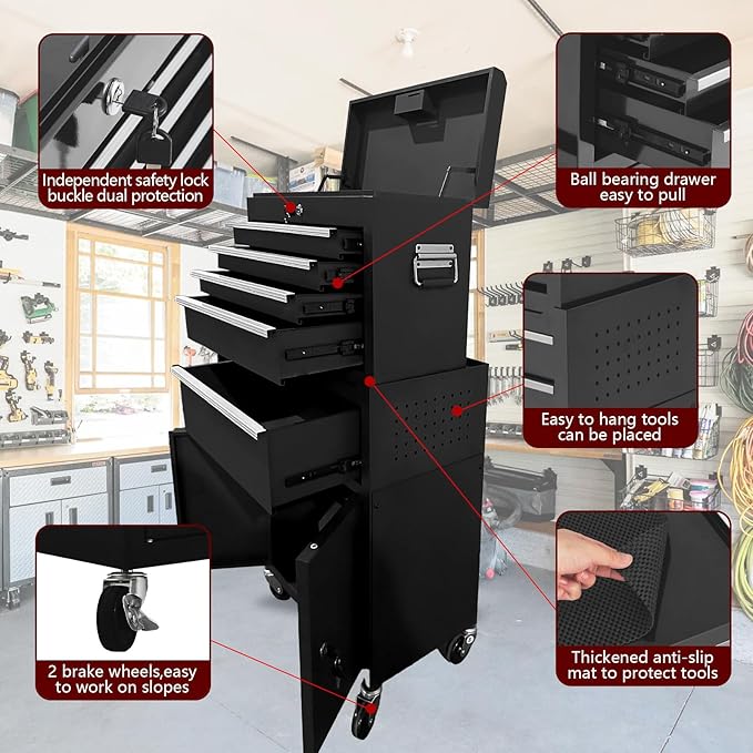 5-Drawer Rolling Tool Chest, 2-in-1 Detachable Top Tool Cabinet with Removable High Capacity Storage, Sliding Drawers, Wheels, Locking System & Liners for Workshop, Mechanics, Garage and Warehouse Use