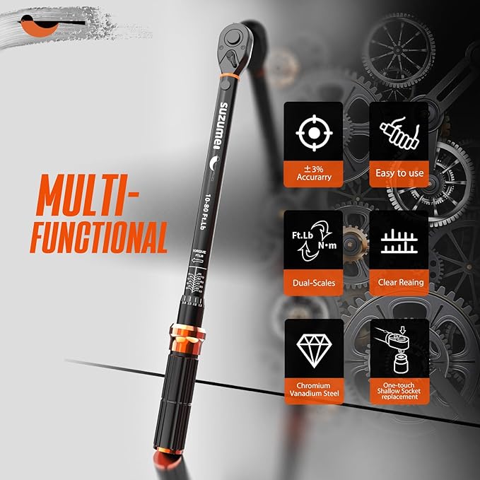 SUZUME Torque Wrench (10-80 Ft. Lb/ 13.6-108.4 N.m) ±3% High Accuracy Torque Wrench 3/8 Drive 72 Tooth Dual-Direction Adjustable Dual-Scales 3/8 Torque Wrenches for Car Moto