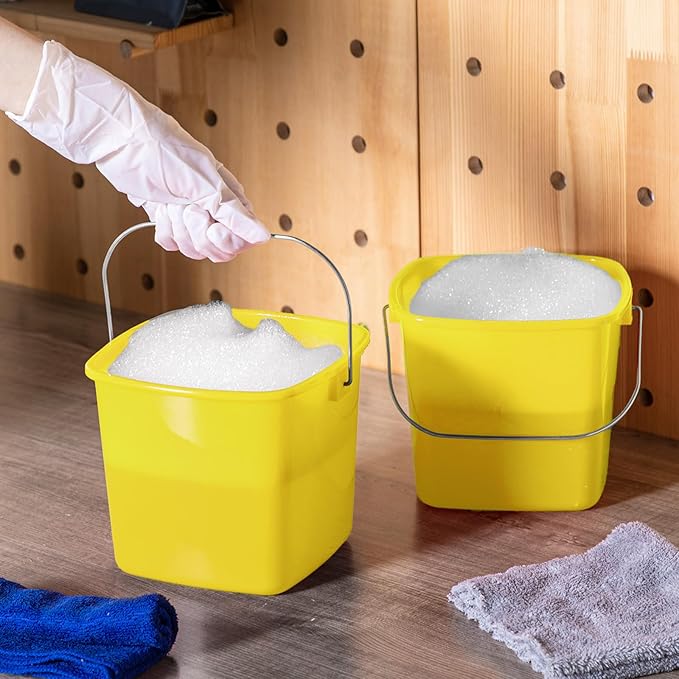 Zhehao 6 Pcs 3 Quart Bucket for Cleaning Small Sanitizer Bucket for Restaurant Square Plastic Pail with Handles for Home, Offices, Commercial Use, Food Service(Yellow)