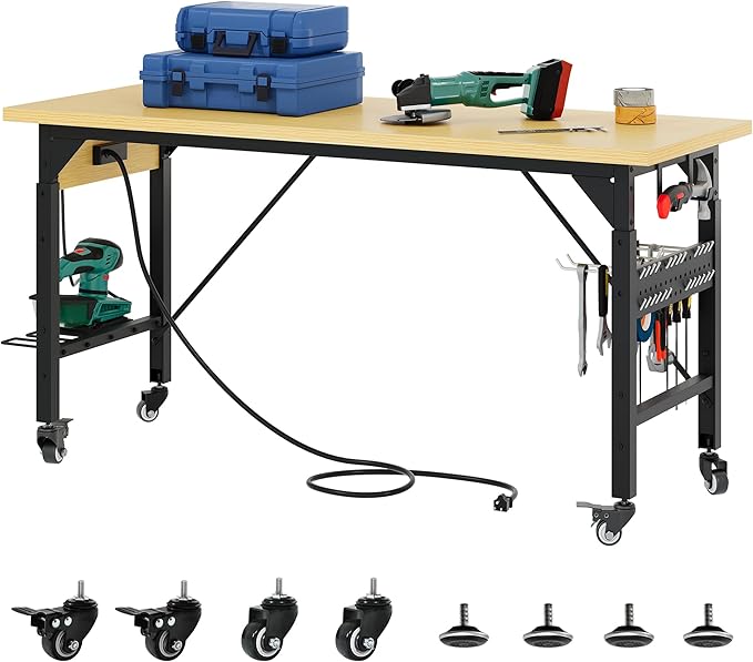 DWVO 60" Adjustable Workbench on Wheels, Garage Tool Work Bench with Outlets & Wheels, Heavy-Duty 1600 LBS Load Capacity Work Table for Workshop, Office, Home, or Outdoor Use