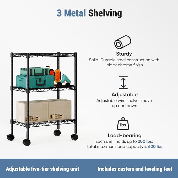 DUMOS 3 Tier Metal Shelving, Heavy Duty Shelves Wire Shelving Unit with Removable Wheel Casters, Shelves Organizer for Bathroom Garage Living Room Kitchen Pantry Laundry Black