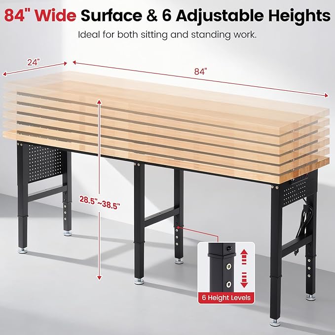 ENJOYWOOD Workbench 84 Inch Heavy Duty Rubber Wood Top Work Bench Adjustable Height Work Table 5000 Lbs Load Capacity with Power Outlets & Extended Pegboard for Garage, Home, Office