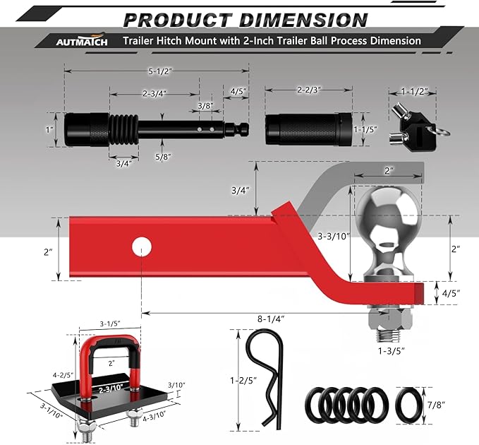 AUTMATCH Trailer Hitch Ball Mount with 2 Inch Hitch Ball - Fits 2" Receiver with Hitch Tightener, 8000Lbs Capacity Ball Hitch, 2-Inch Drop with 5/8" Hitch Lock Pin, Red