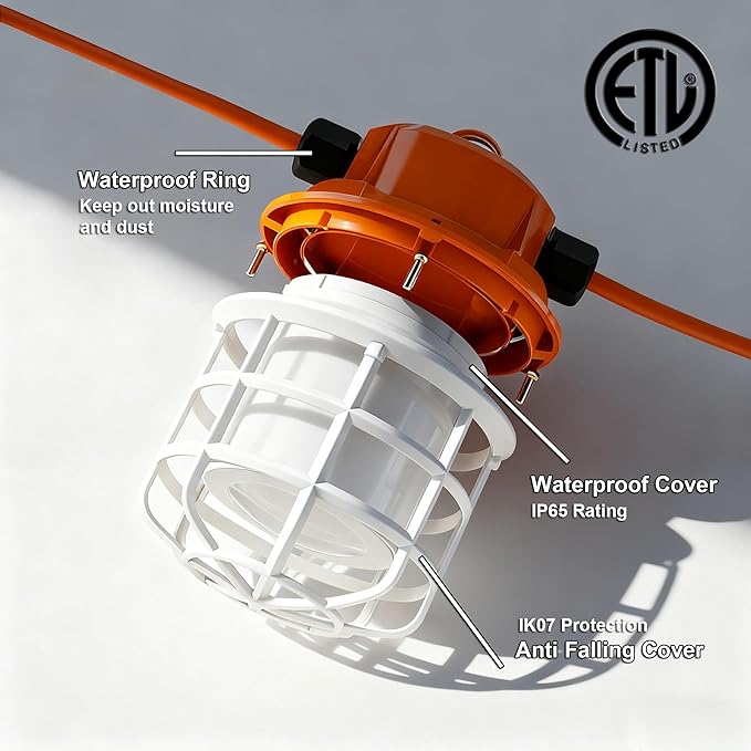 NS 50FT Construction String Lights LED Industrial Grade Super Bright 5000K IP65 Linkable for Construction Sites, Temporary Work, Renovation, Jobsite, All Outdoor Lighting, with 5 Bulbs and Hook
