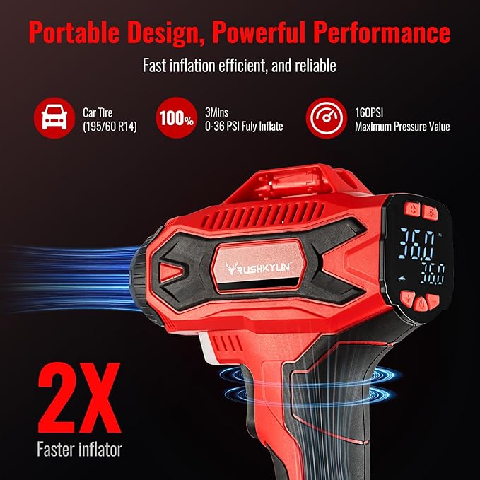 Cordless Tire Inflator Portable Air Compressor, 160PSI Air Pump with 21V Rechargeable Battery Powered, Digital Pressure Gauge, Built in LED Lights, Handheld Air Compressor For Cars