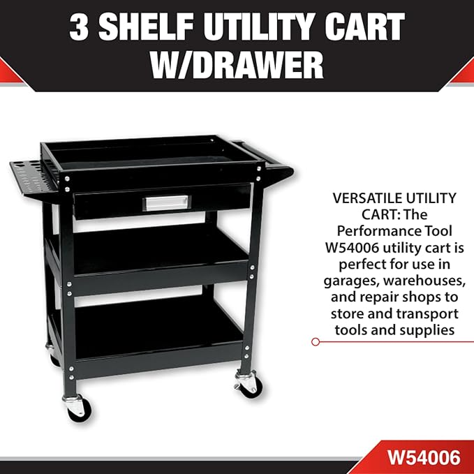 Performance Tool W54006 23-Inch x 16-Inch 3 Shelf Utility Cart with Drawer