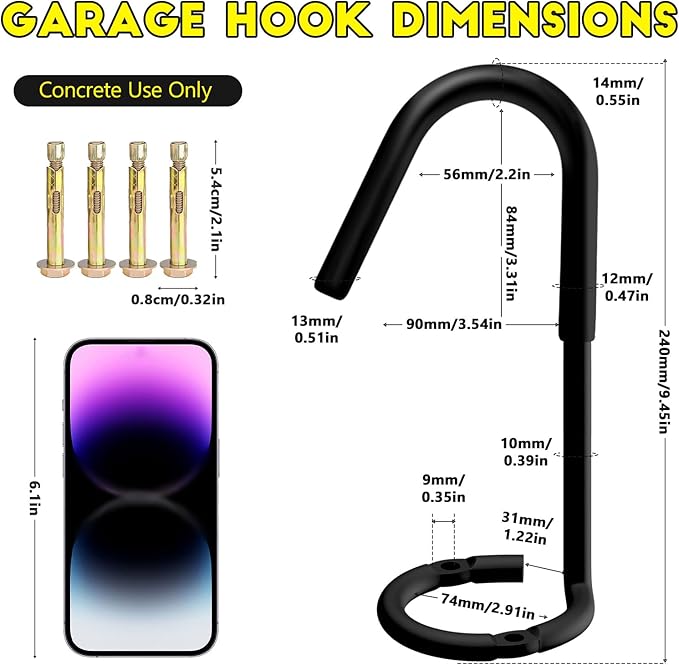 2pcs 9.45in Garage Hooks Heavy Duty 330 LBS Steel Garage Hanging Hooks Anti-Slip Coating for Hanging Ladder, Bikes, Fitness Sand Bags, Garden Carts, Wall and Garage Ceiling Hooks