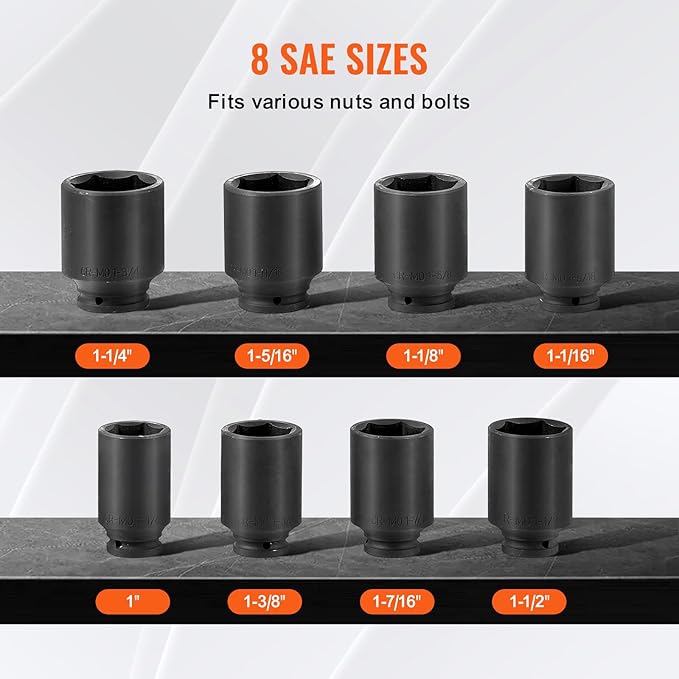 VEVOR Axle Nut Impact Socket Set - 3/4" Drive Deep 6-Point 8-Piece SAE Spindle Nut Socket CR-MO Heat Treated Large Socket Set with Storage Case for Auto Repair, Removing or Installing Axle Nuts