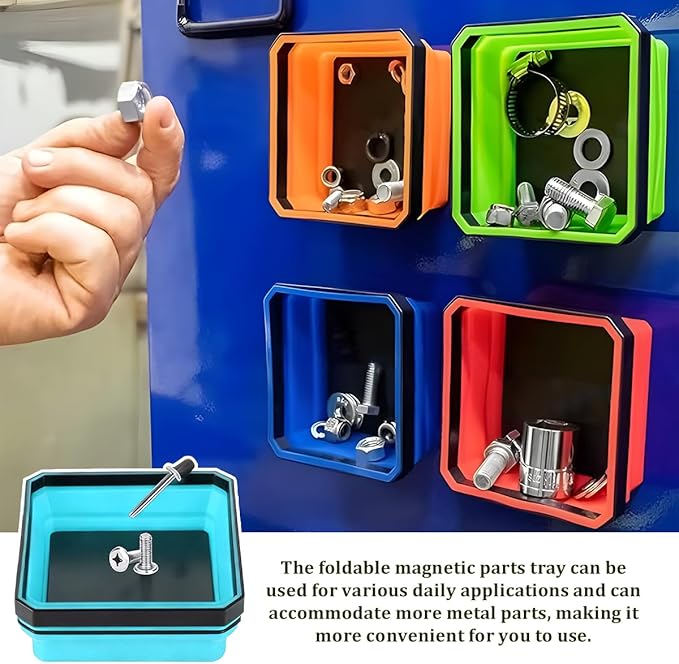 Collapsible Magnetic Car Parts Tray, Foldable Silicone Tool Tray with Magnetic Base, Double-Side Magnet Bowl for Auto Bolts, Screws, Nuts, Small Metal Parts, Universal Fit (Sky Blue)
