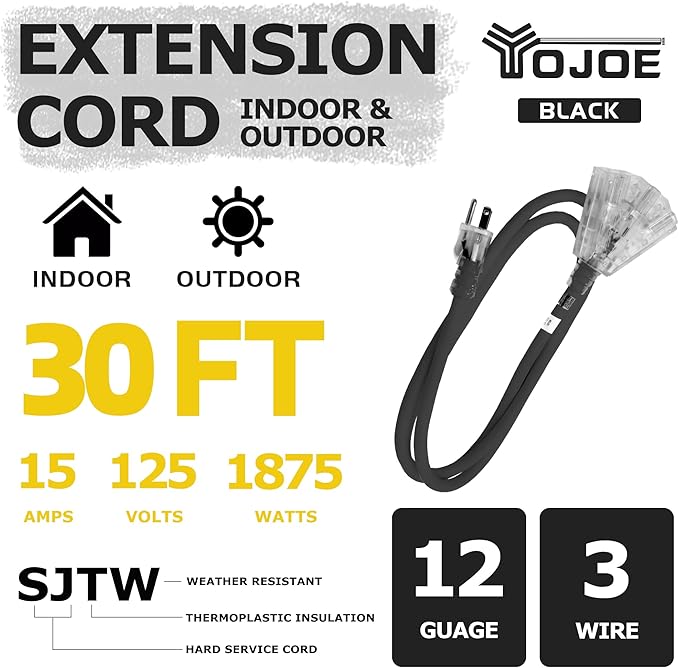 YOJOE 3-Outlets Indoor Outdoor Extension Cord with Lighted End, 3 Prong 15A Weatherproof Power Cord, 12 Gauge Heavy Duty 30 ft Black Extension Cord Multiple Outlets, 12/3 SJTW UL Listed