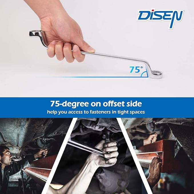 DISEN 9pcs Offset Wrench Set Metric 6-23mm, Box Wrench Set 75-Degree, CR-V Steel, Organized in Rolling Pouch