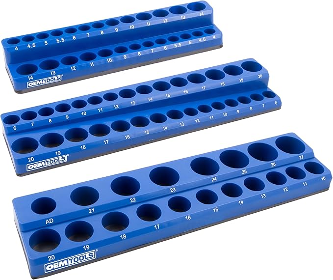 OEMTOOLS 22486 3 Piece Metric Magnetic Socket Tray Set, Magnetic Socket Organizer Holds Up to 75 Sockets in 1/4", 3/8", and 1/2" Sizes, Blue Magnetic Socket Holders