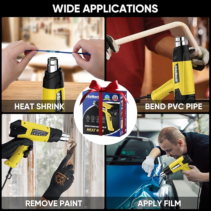 ROMECH 1500W Heavy Duty Heat Gun, Variable Temperature Control Hot Air Gun Kit with 2 Air Flow 120°F~1200°F and 4 Nozzles for Crafts Shrink Wrap (Yellow)