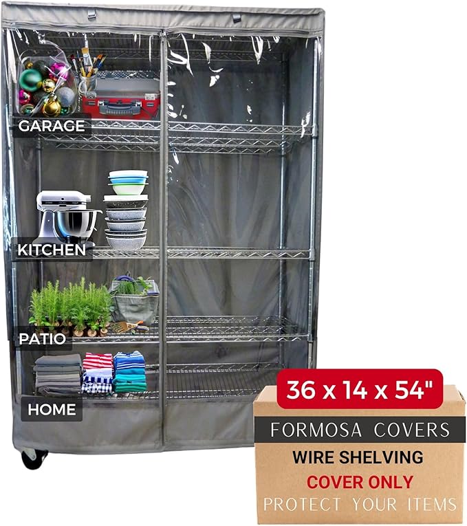 Formosa Covers Premium Clear Front Wire Shelf Cover Grey - Heavy-Duty Storage Solution Wire Rack Cover (36”Wx14”Dx54”H) - Waterproof PVC, Water/Dust Resistant Fabric, Multi Zipper (No Shelf)