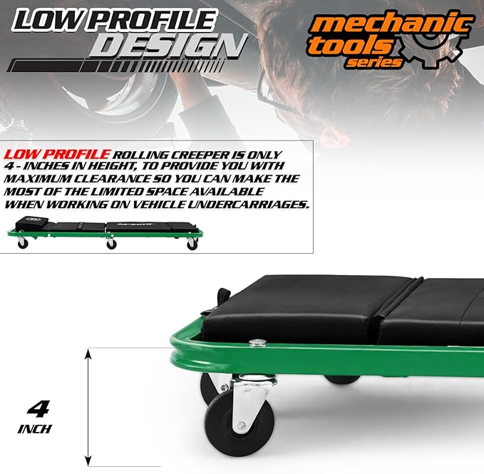 M-AUTO Heavy-Duty Convertible Mechanic Creeper, 48" Padded Adjustable Headrest Roller Garage Chair with 7 Swivel Casters for Washing, Detailing, Maintenance, Green