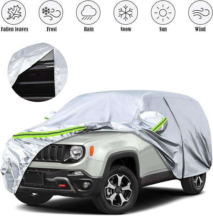Waterproof Car Covers Replace for 2015-2025 Jeep Renegade, 6 Layers Silver All Weather Car Cover with Zipper Door & Windproof Bands for Snow Rain Dust Hail Protection