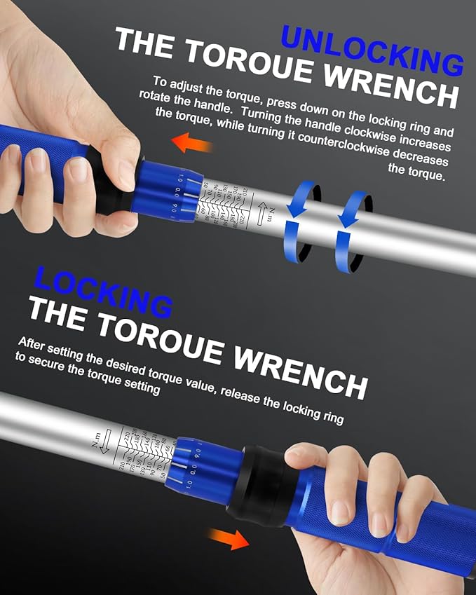 32Pcs Torque Wrench Set, 1/4 3/8 1/2-inch Drive Torque Wrench with Hex, Torx, Sockets, Extension Bar, Spark Plug Socket for Bike, Motorcycle, Car Spark (Blue Handle)