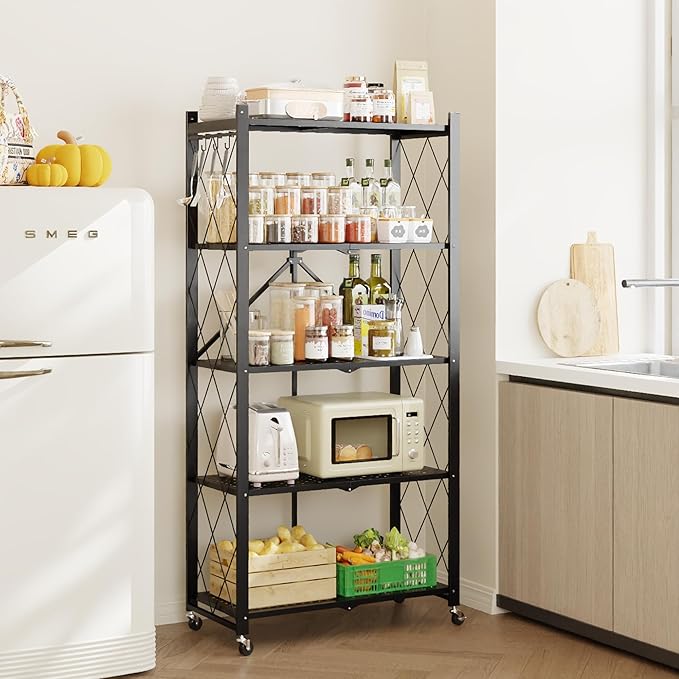 Fenbeli Folding Shelving Unit 5 Tier with Wheels & Hooks, No Assembly Foldable Collapsible Storage Shelf 60 lbs Per Shelf, Rolling Metal Rack for Kitchen Pantry Garage Craft Show Display