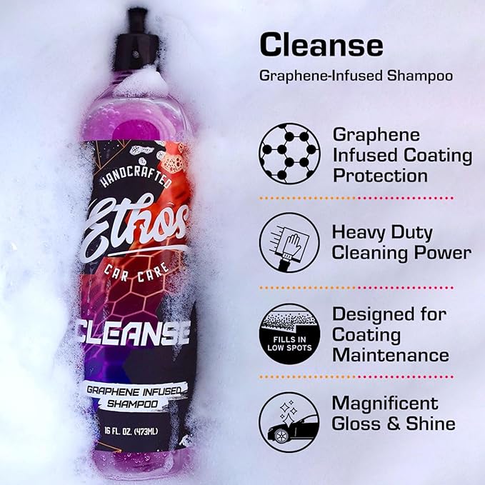 Ethos Cleanse for Cars Graphene Shampoo, Ceramic Coating Infused Car Wash Soap, High Lubricity Car Cleaning Shampoo for Coated, Waxed & Untreated Vehicles