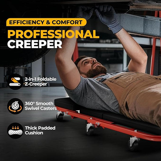 Auto Dynasty 40" Z-Creeper Seat, 2-in-1 Foldable Garage Creeper Shop Seat, 330 LBS Capacity Automotive Mechanic Repair Under Car Rolling Creeper Seat, Red