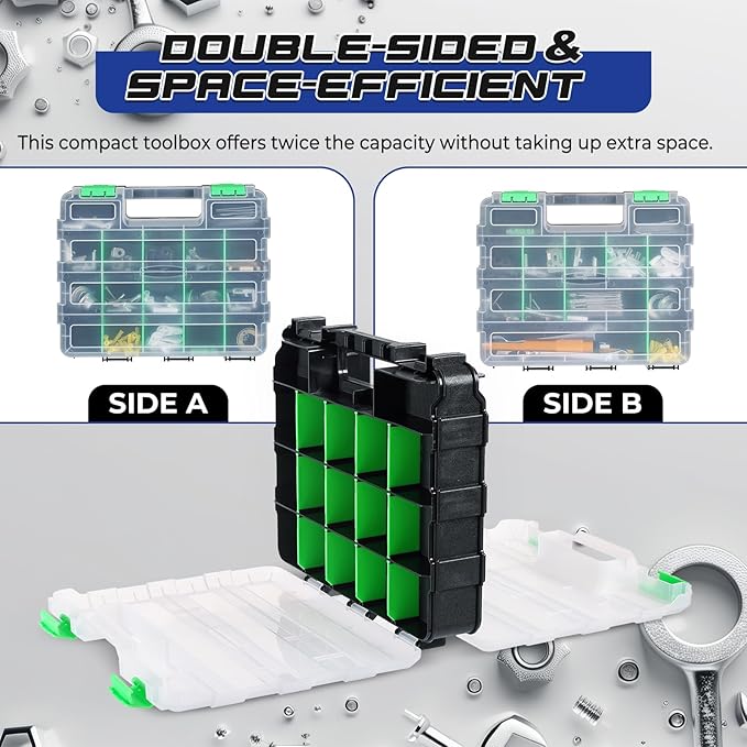 NATGAI 2 Pack Small Parts Organizers, 34-Compartments Double-Sided Tool Box with Removable Dividers for Hardware, Screws, Bolts, Nails & Fishing Accessories, Durable Plastic Storage Case (Green)