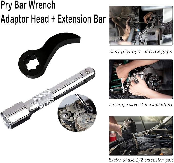 2PCS Pry Bar Wrench Adapter Head,Half Shaft Removal Car Repairing Tools with Extension Bar,Adjustable Crowbar Adapter Head Tool 1/2" Drive(Pry Bar + Extension Bar)