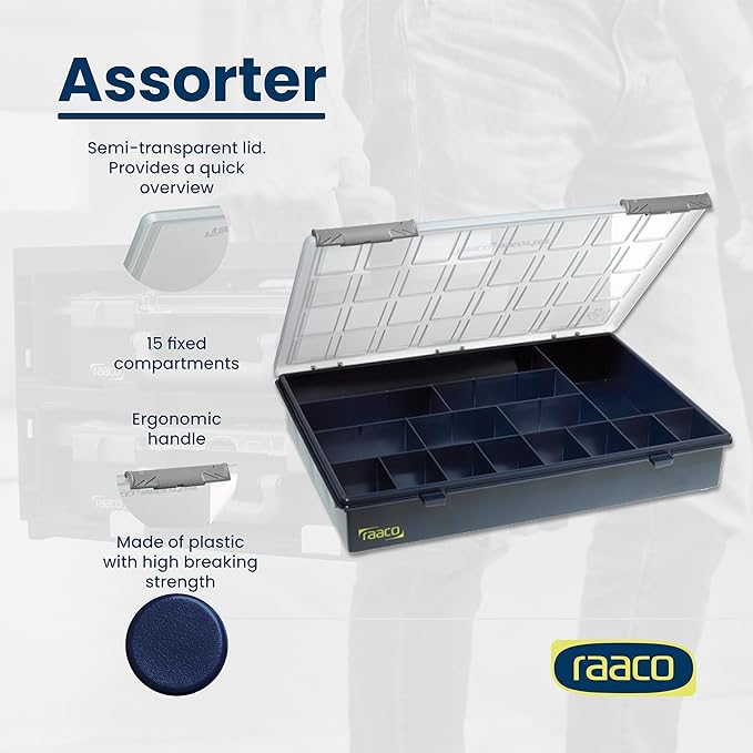 Raaco Assorter Tool Box Organizer – Full-Size – 15 Slots Fixed Grid with Semi-Transparent Lid, Polypropylene (PP) Storage Box for Screws, Nuts and Bolts, Small Parts & Hardware (Assorter 4-15)