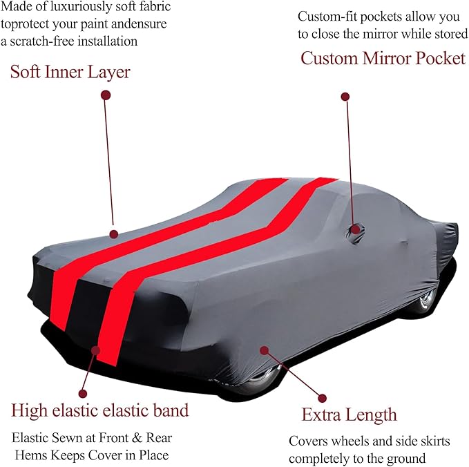 Indoor Car Cover Compatible with Ford Mustang（1994-2024 Custom-fit Breathable Dust-Proof Stretch Car Cover for Underground Garage, Car Show （Black+Red）