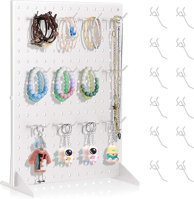 Acfunique Peg Board Display Stand for Vendors with 12 Hooks Metal Tabletop Pegboard Display Stand for Craft Shows 17" X 13" Retail Display Racks Peg Board Organizer Holder White