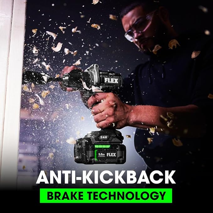 FLEX 24V Brushless Cordless 2-Tool Combo Kit: 1/2-Inch Drill Driver with Turbo Mode and 1/4-Inch Quick Eject Hex Impact Driver with 2.5Ah, 5.0Ah Lithium Batteries and 160W Fast Charger - FXM204-2B