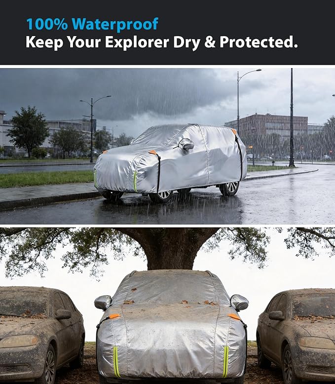 Wigoo Ford Explorer Car Cover Accessories 2006-2026, Custom Fit Waterproof All Weather Outdoor Indoor Full SUV Cover, Windproof Sun UV Rain Snow Dust Protection, Door Zipper, Reflective Strips
