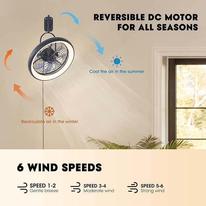 Wall Mounted Fan with Lights, 20” Wall Mount Fan with Remote, 6 Speeds Plug in Wall Fan, Reversible, 3CCT, Dimmable, Noiseless, 360°Adjustable Tilt for Workshop, Patio, Home
