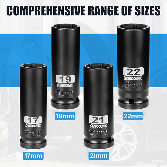 4 PCS Metric Impact Socket Set 1/2" Square Drive,Deep 17mm,19mm,21mm,22mm Allen Sockets,CR-MO Alloy Steel,6 Point Radius Corner Design,Rugged Construction,With Storage Red Case