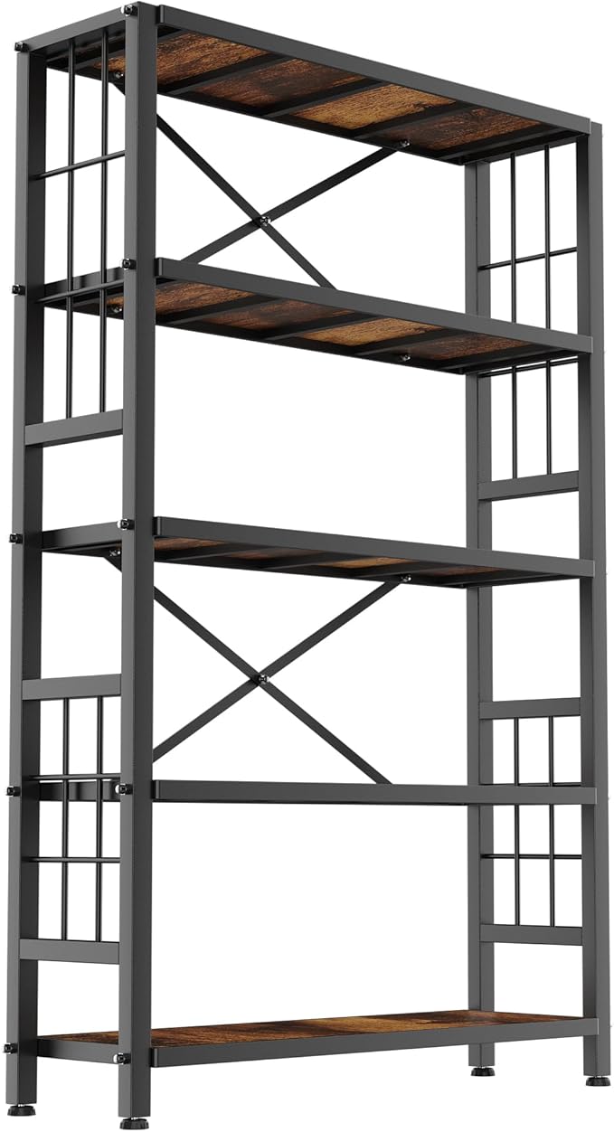 GIOTORENT 5-Tier Kitchen Storage with Wooden Boards, Heavy Duty Storage Shelves & Bookshelf, Adjustable Metal Shelving Unit for Garage Kitchen Bathroom Laundry Organizer, 1500LB Capacity, Black
