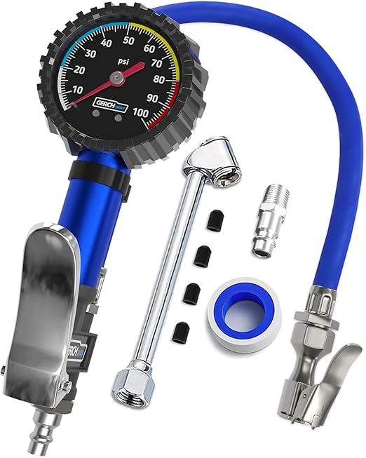 GERCHWAY Tire Inflator with Pressure Gauge and Longer Hose - Most Accurate, Heavy Duty Air Chuck with Gauge for Air Compressor Tire Inflator Attachment - 100PSI
