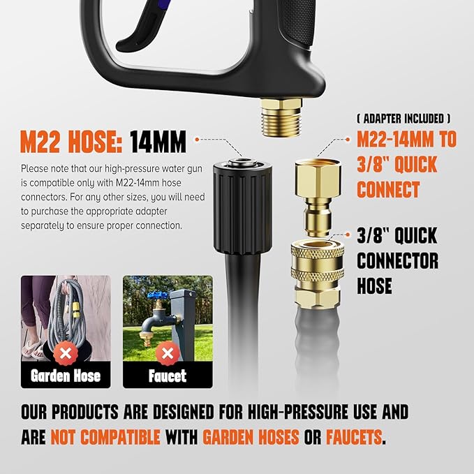 Short Pressure Washer Gun, High Pressure Washer Gun 4500 PSI M22-14mm & 3/8" Connect Car Accessories Car Washing Gun Car Detailing Kit with 5 Spray Nozzle, 1/4" Quick Connector Coupler for Foam Cannon