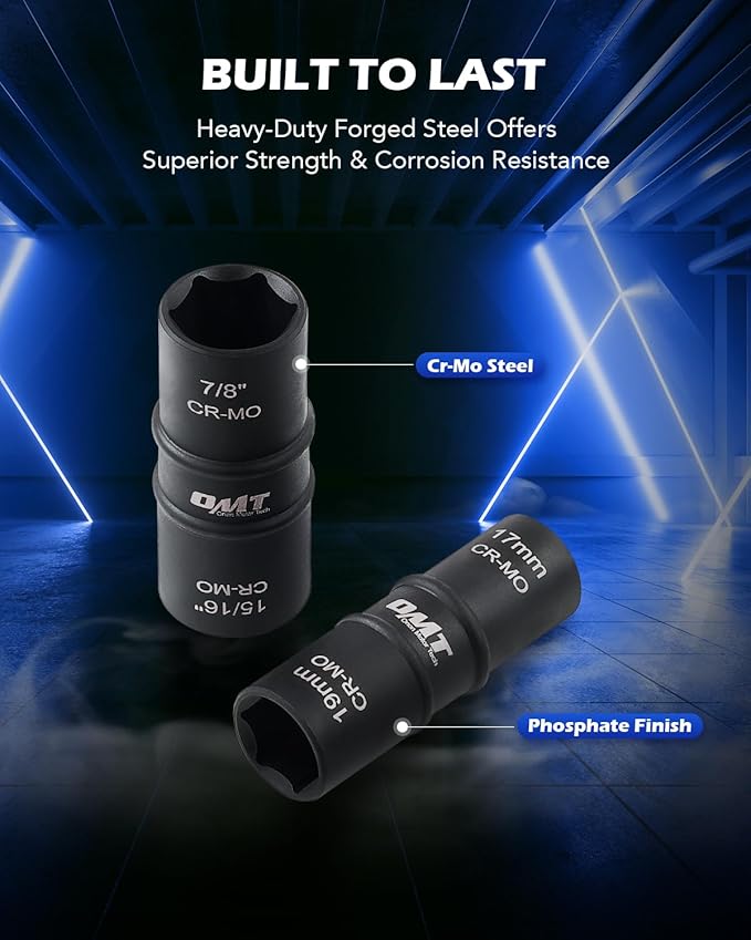 Orion Motor Tech Lug Nut Socket Set, 5pc 1/2" Drive Impact Flip Socket Set with Metric 17 19 21 22 mm & SAE 3/4 13/16 7/8 15/16 in. Sockets, Double Ended Thin Wall Nut Sockets with 3" Extension Bar