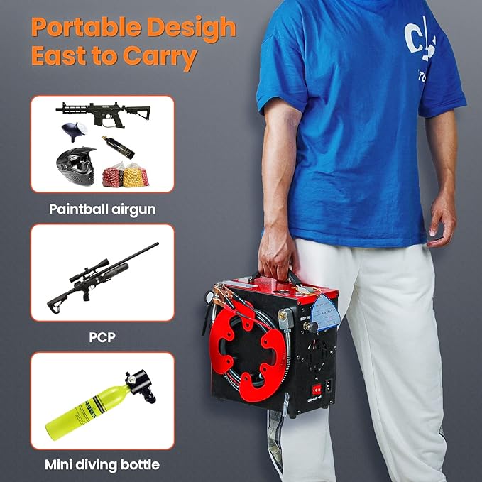 GX PUMP GX-E-CS3-I Portable PCP Air Compressor, Built-in Home Converter, Auto-Stop, Oil-Free, Built-in Water-Oil Separator Filter, Powered by 12V DC or Home 110V AC, 4500Psi/30Mpa